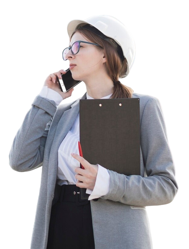 professional-young-female-architect-talking-cellphone-holding-clipboard-construction-site